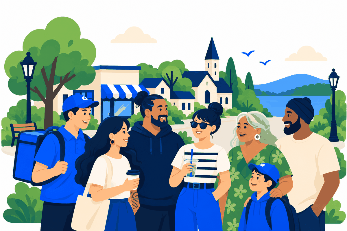 Illustration of the Waiuku community, including a Round delivery rider