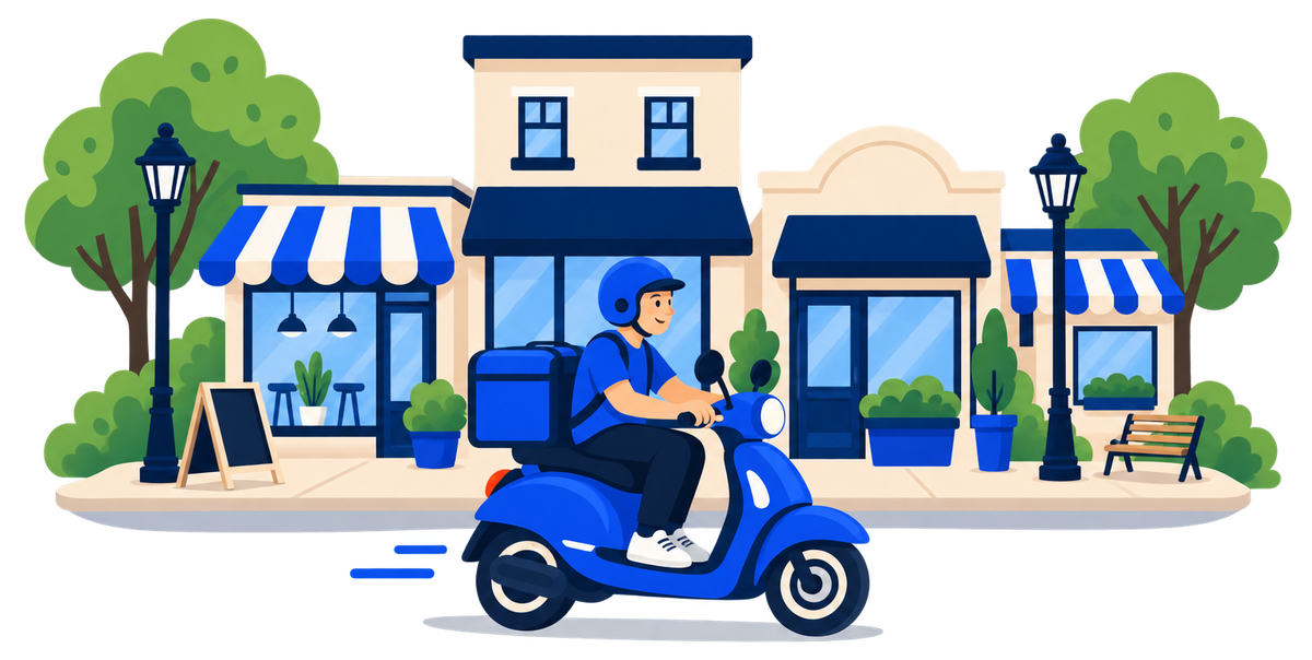 Illustration of a Round delivery rider on a scooter outside local Waiuku shops