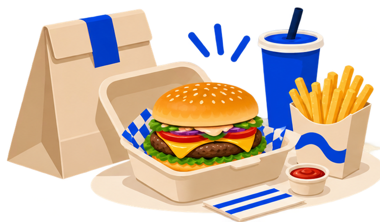 Illustration of a takeaway burger, fries and drink